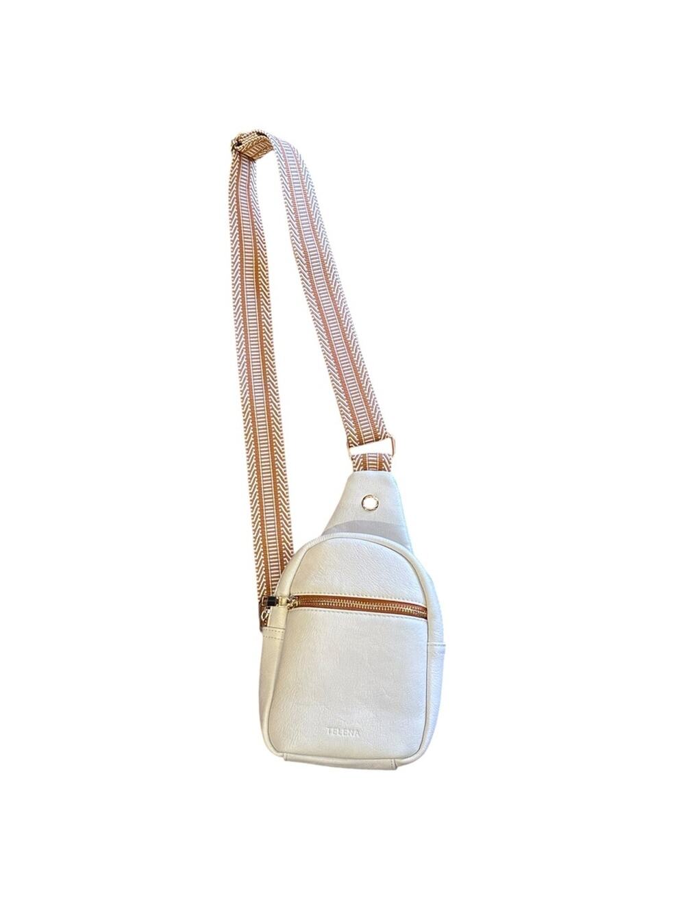 Telena Ivory Crossbody Bag with Wide Camera  Strap in Rust Zip Closure & Pocket